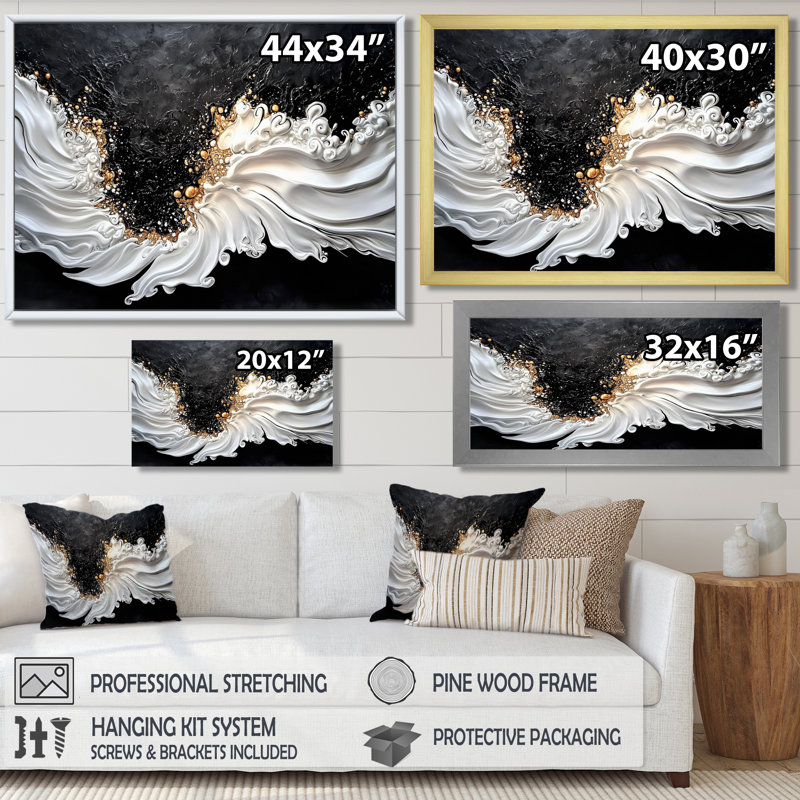 «Gold Breeze» abstrait doré et noir, 12" H x 20" W, Single Picture Framed Print without Mat, Black