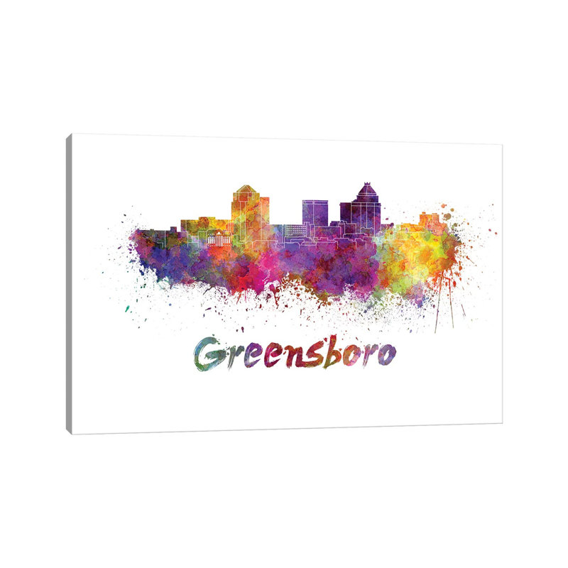 Greensboro Skyline In Watercolour by Paul Rommer - Wrapped Canvas Painting, 20.32cm H x 30.48cm W x 1.91cm D