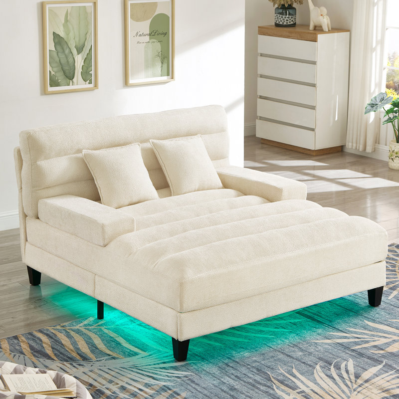 Méridienne inclinable moderne avec lumières DEL et dossier réglable, canapé-lit en chenille de 57,1 po, Beige