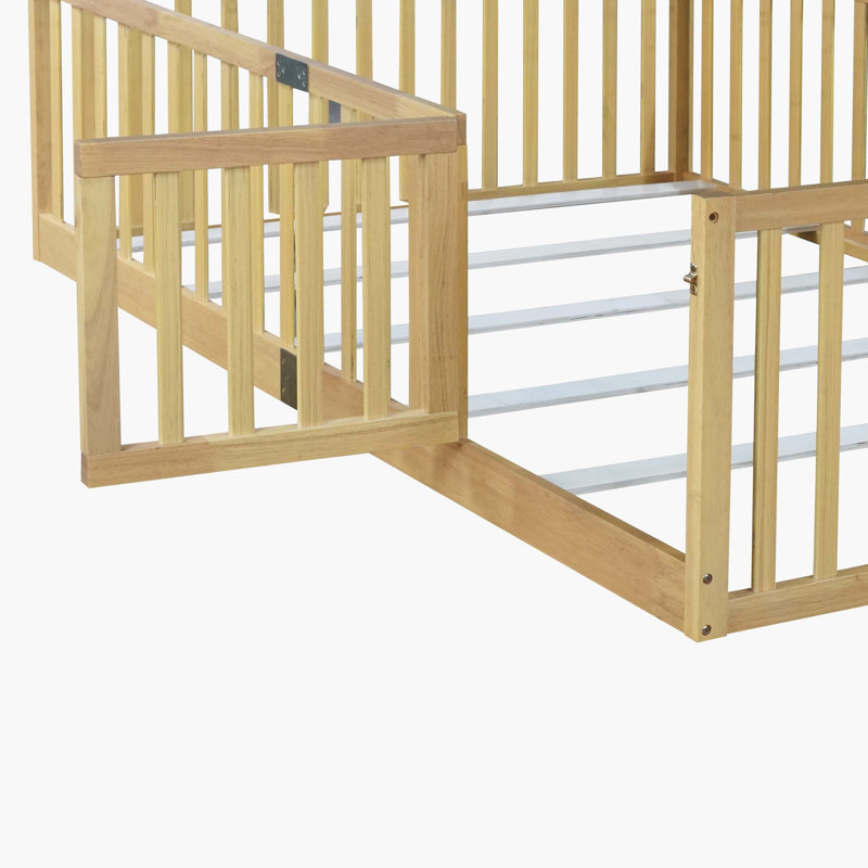 Natural Full Floor Bed With High Safety Fence & Door, 6 Support Slats, Durable Rubber Wood With Guardrails, Full
