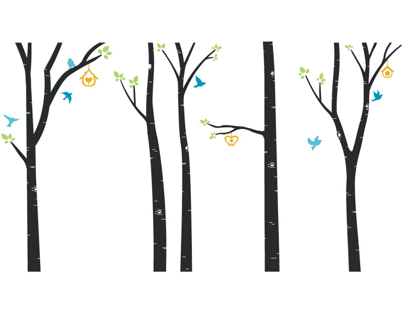 Décalcomanie murale arbres et oiseaux bouleau, Noir