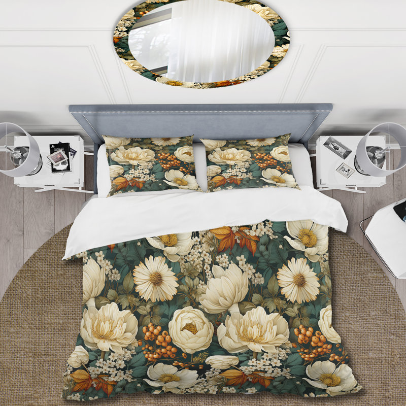 Ensemble de housse de couette Earthy Greens Chrysanthemum, Housse de couette pour très grand lit et 2 très