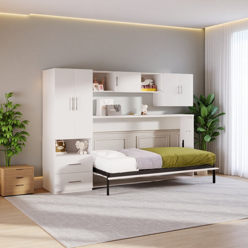 Lit escamotable avec tablettes ouvertes et tiroirs de rangement