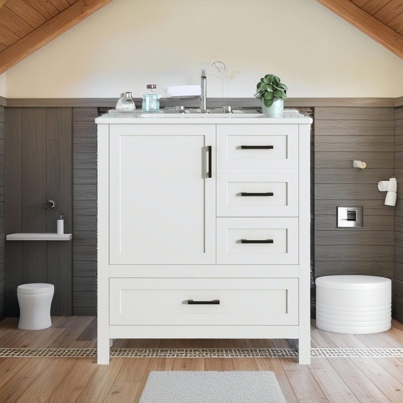 Meuble-lavabo blanc 30 po avec lavabo en céramique, portes à fermeture douce, sans robinet, autoportant