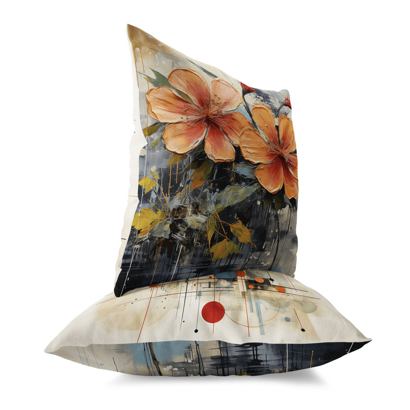 Coussin décoratif floral intérieur / extérieur Floral Geo Paint, Bleu / Orange, H 18 po x l 18 po