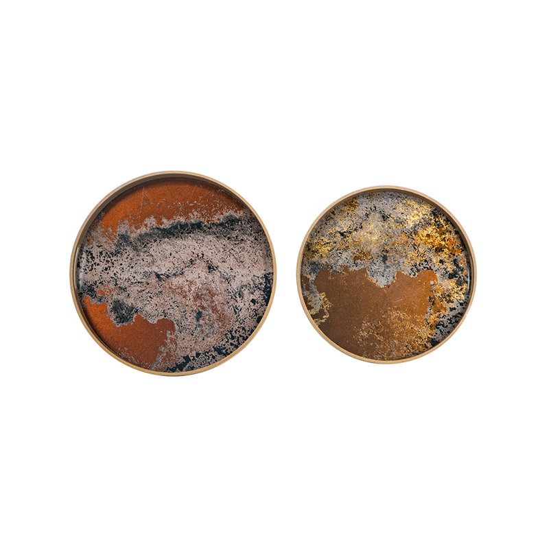 S/2 Round Glass And Plastic Trays With Abstract Multicolored Design L:d15.5X1.5" S:d13.5X1.5", Brown/Orange/Gray Marble