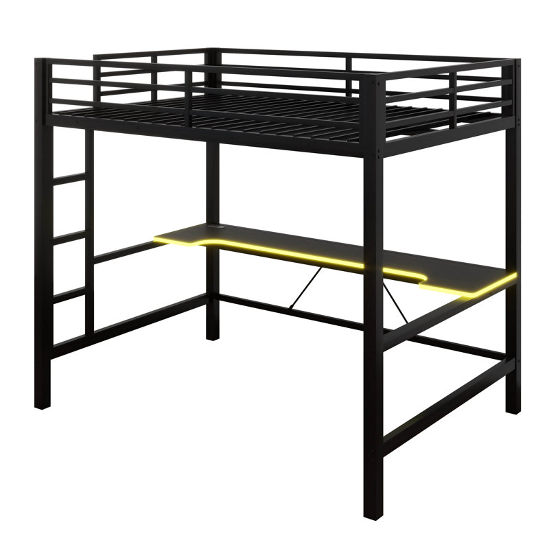 Structure de lit mezzanine en métal avec bureau et lumière DEL Gaming, lit mezzanine avec bureau, Noir, Double
