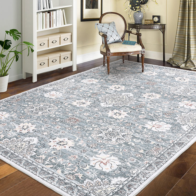 Living Room Rug, Area Rugs for Bedroom, Non Slip & NonShedding Vintage Floral Print Carpet, Low Pile Lightweight Foldable Floor Mats for Dining Room, Nursery, Home Office