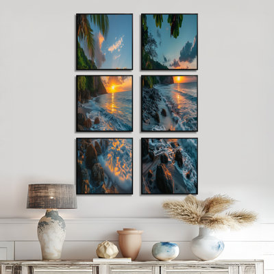 Photo panoramique de la plage rocheuse au lever du soleil - plage, ensemble d'art mural sur toile de 6