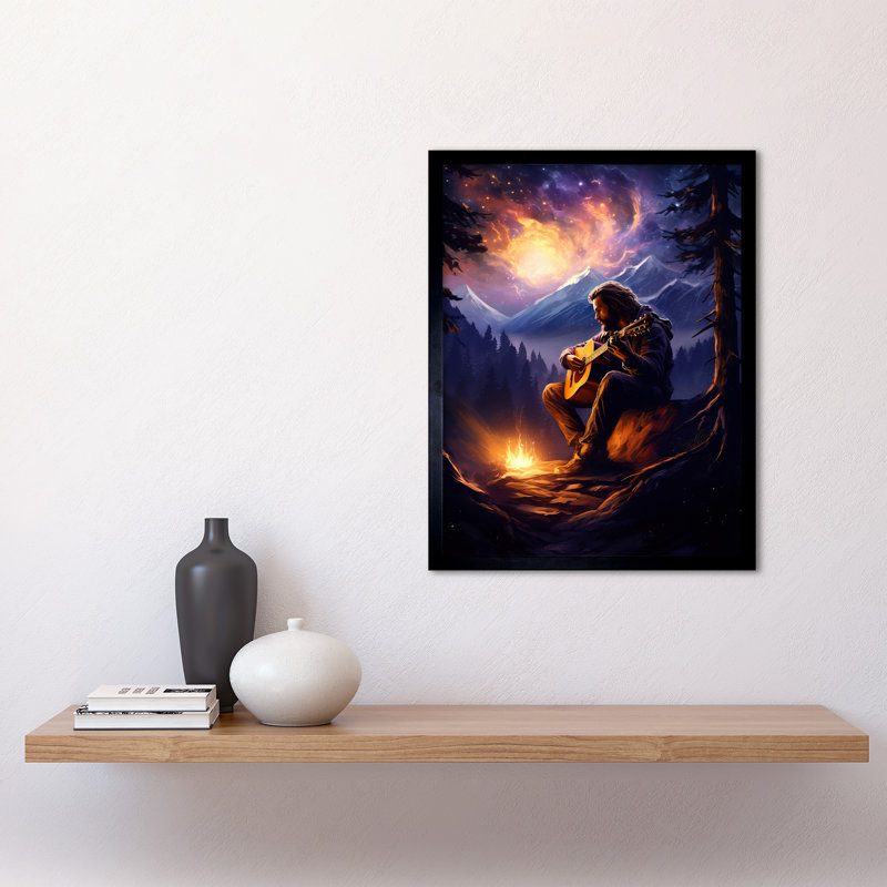 Playing Guitar By A Campfire Mountain Forest Landscape - Single Picture Frame Print