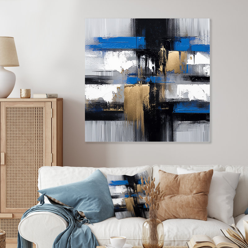 «Gold and Blue Paint Elegance I - Abstract Collages», art mural en métal, H 36 po x l 36 po