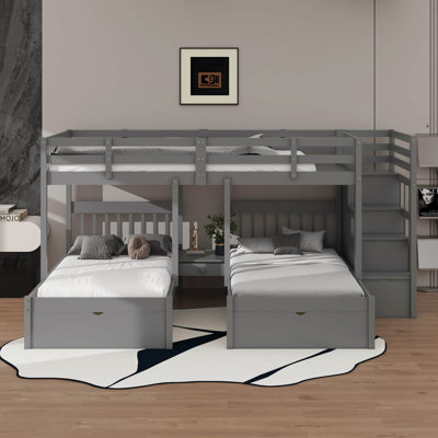 Lit superposé double au-dessus de simple et double, construit avec des sections de rangement