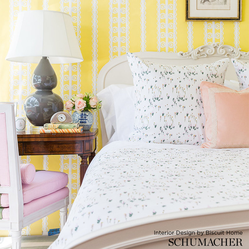 Schumacher x Celerie Kemble Wicker Stripe Wallpaper, Lemon Blossom