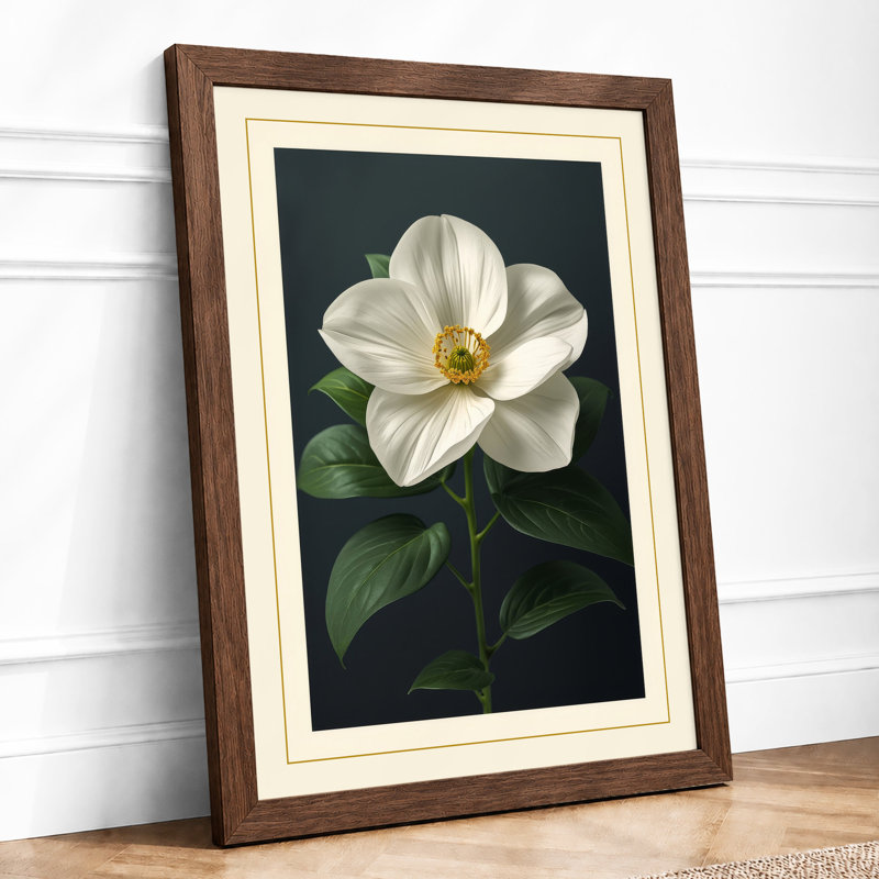 White Camellia Study Botanical - Framed Print, A4 - 29.7 x 21.0 cm, Walnut