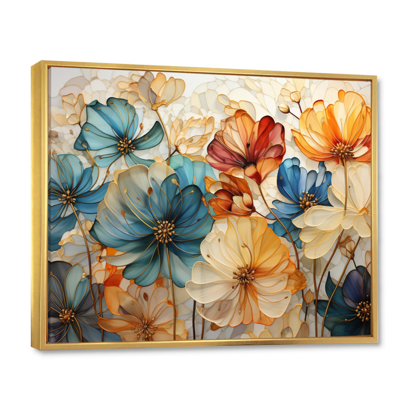 «Teal Orange Petal Mosaics II - Abstract Botanicals», art mural sur toile, H 30 po x l 40 po, Doré