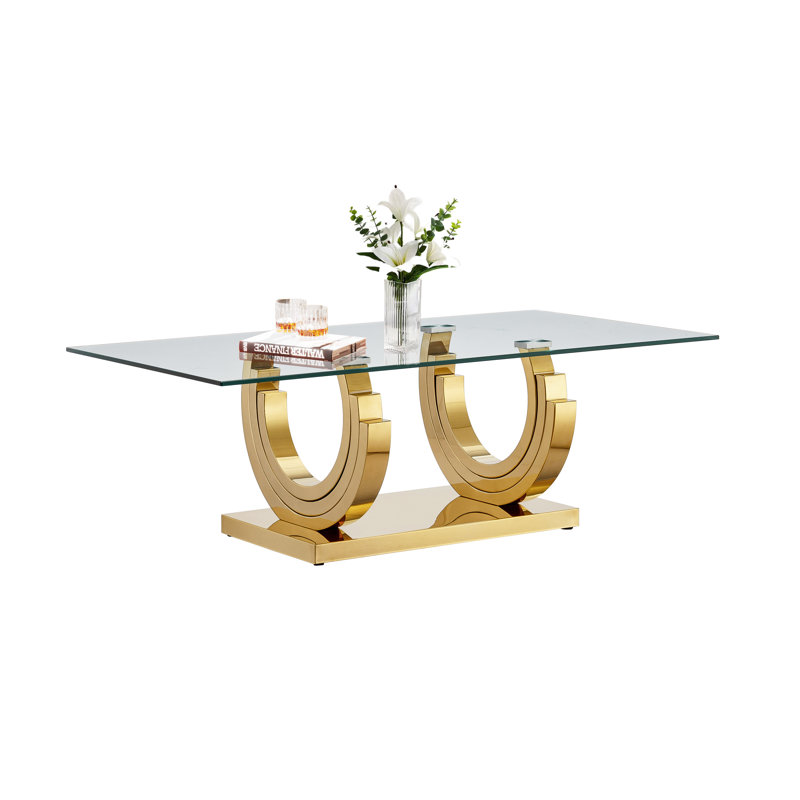 51.18" Tempered Glass Coffee Table, Luxury Sofa Coffee Table with 3C-Shape Stainless Steel Frame and Clear Glass Top, Modern Rectangular Cocktail Table for Living Room