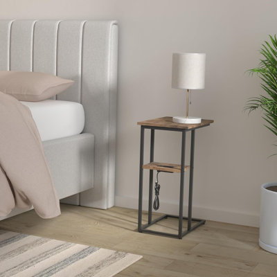 C-Shaped Side Table With Charging Station, LED Light Strip, Fast Charge USB & Type C Ports, 2-Tier Storage For Living Room, Bedroom, Home Office
