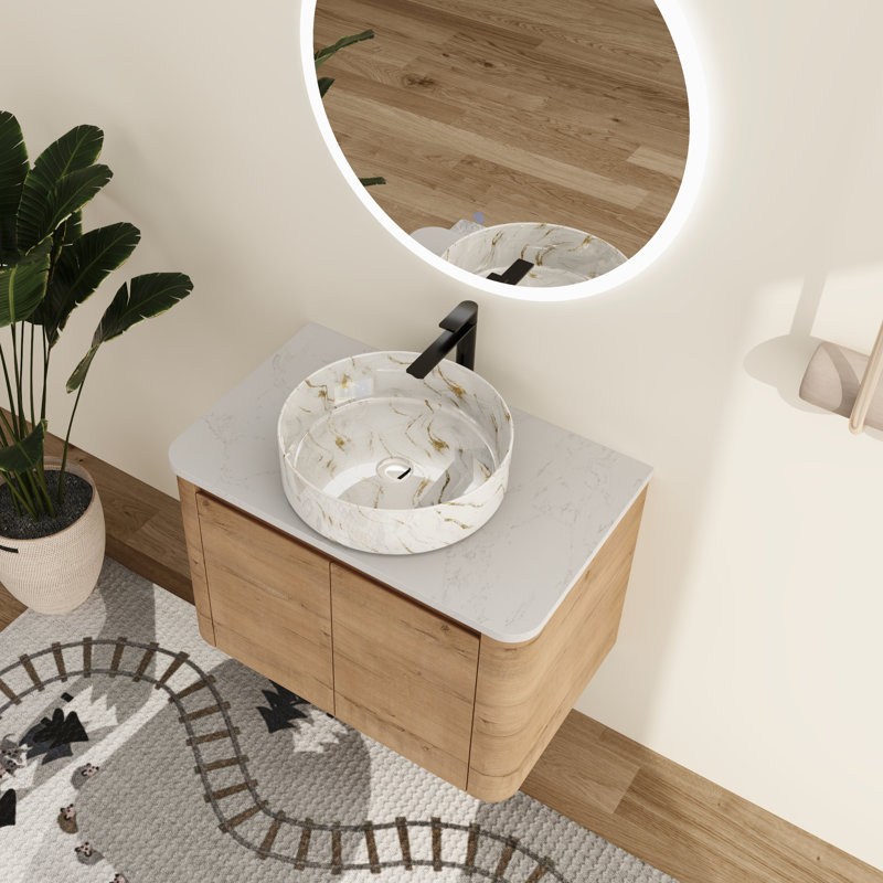 Meuble-lavabo mural simple 30 po avec lavabo en céramique Greythor , 30", Blanc avec lignes dorées