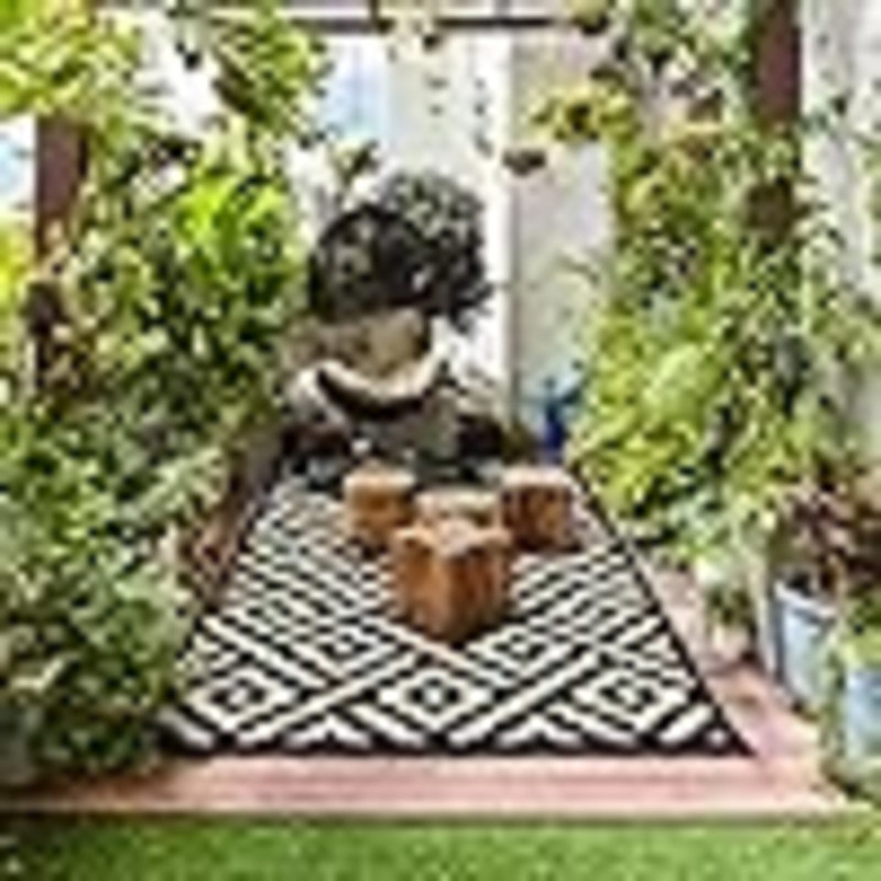 5X8 Outdoor Rug Waterproof, Reversible Mats, Area Rug, Plastic Outside Carpet, Geometric Rv Mat For Patio Camping Rv Picnic Backyard Deck Balcony Porch Beach Trailer (Black & Beige)