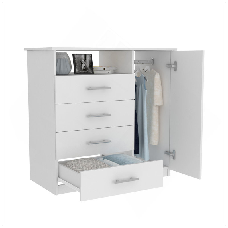 Commode 4 tiroirs, armoire à une porte, tablette ouverte, plateau supérieur blanc, Blanc