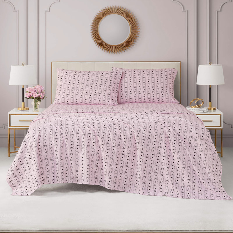 Juicy Couture Printed Microfiber Sheet Set, Queen, Dotted Bow Stripe