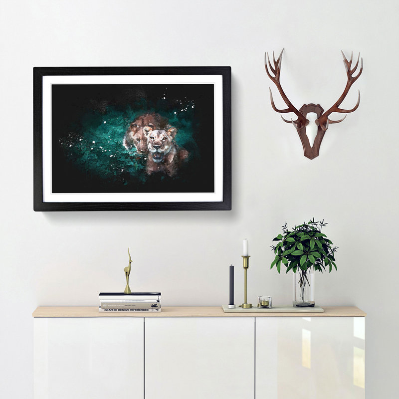 Two Lions in the Shadows - Picture Frame Graphic Art Print, 62cm H x 87cm W x 2cm D, Black Framed