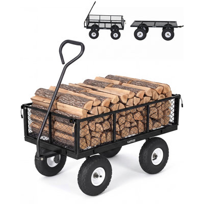 800LBS Heavy Duty Steel Garden Cart Wagon – 10" All-Terrain Pneumatic Tires – Removable Mesh Sides – 180° Rotating Handle – Outdoor Utility Yard Cart for Lawn, Garden, Farm – Color: Black