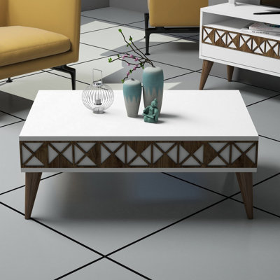 Modern Coffee Table, White Geometric Design, 35.4 x 13.6 x 23.6 inches | 100% Melamine Coated Particle Board, Thickness: 0.7 inches | Stylish & Functional for Living Room, Perfect for Novelty Decor