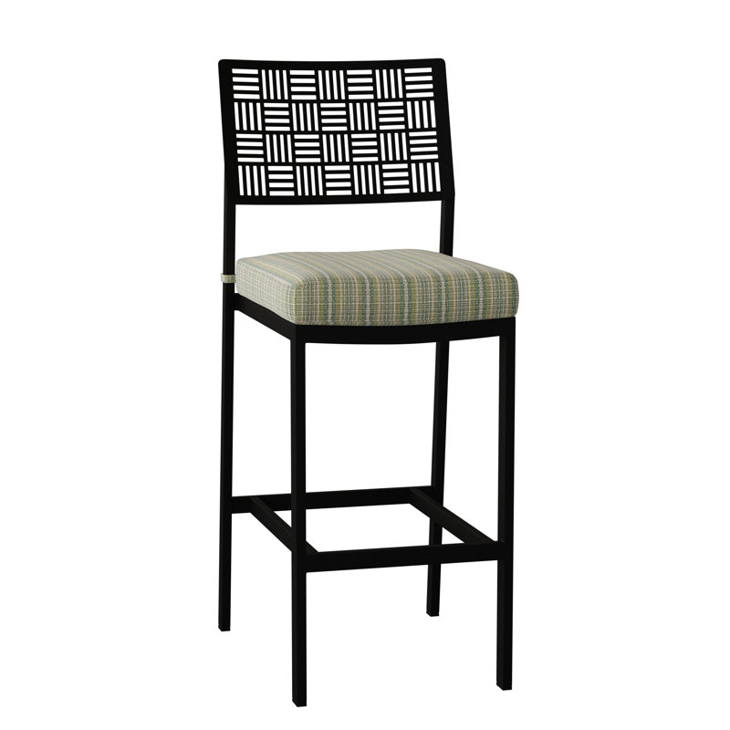 New Century Outdoor Bar Stool, Textured Black, Spectrum Denim Sunbrella® Plainweave