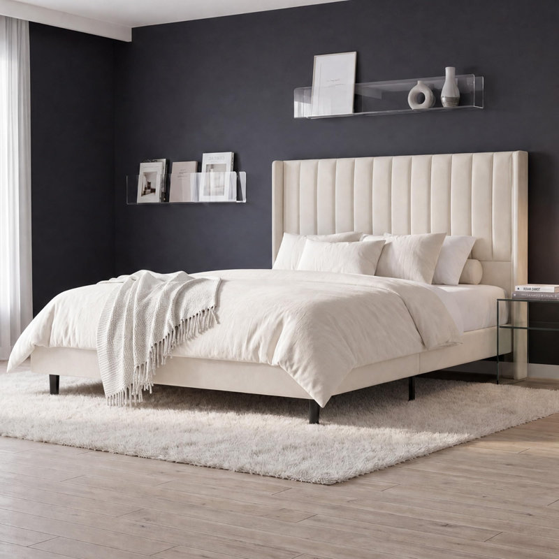 Structure de lit très grand en velours avec tête de lit à oreilles de 52 po de hauteur, espace de rangement beige sous le lit, tête de lit haute, style Morden, assemblage simple, dossier rembourré confortable