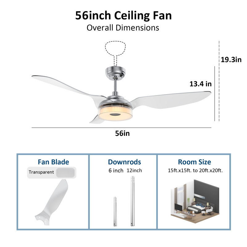 Ventilateur de plafond standard à DEL à 3 pales 56 "avec télécommande et ensemble d'éclairage inclus Geradette