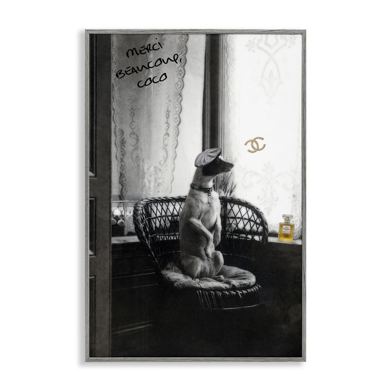  Chic Dog with French Words White Framed Giclee Art by Graffi*tee Studios, 18" H x 12" W, Gris