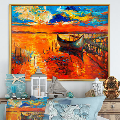 Bateau rouge et jetée, peinture murale décorative nautique et côtière
