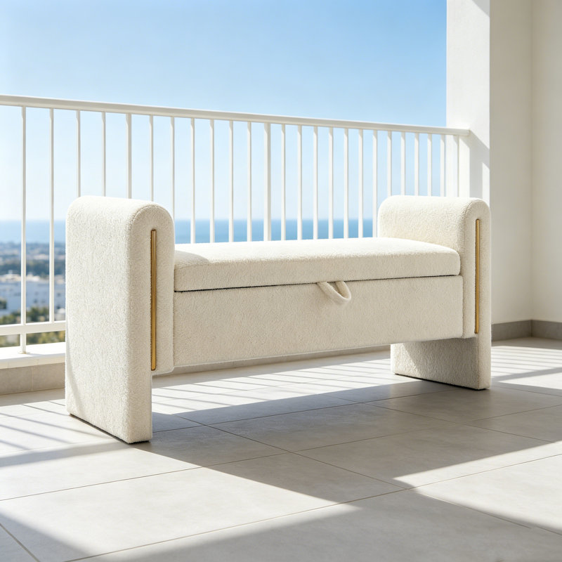 Banc de rangement avec repose-pieds et tissu d'ameublement Teddy, Crème