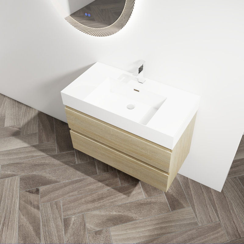 »Meuble-lavabo mural avec lavabo en résine, deux tiroirs à fermeture en douceur, ensemble Kd, design épuré