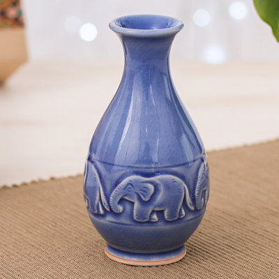 Novica Handmade Joyful Elephants Celadon Ceramic Vase