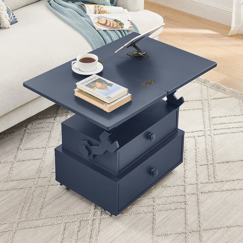 Table de bout roulante à hauteur réglable laquée ultrabrillante avec station de charge, Bleu