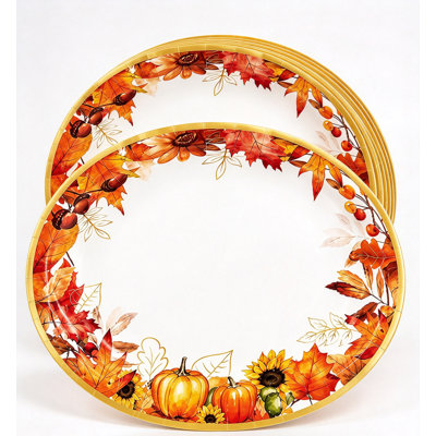 10 x 12 Inch Oval Disposable Fall Paper Plates, Maple Pumpkin Thanksgiving Party Plates, 50 Pack