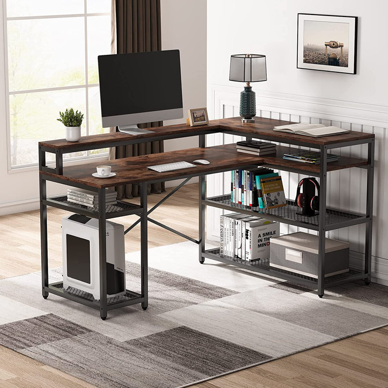 59" L shaped Desk with Storage Shelves, Brown/Black