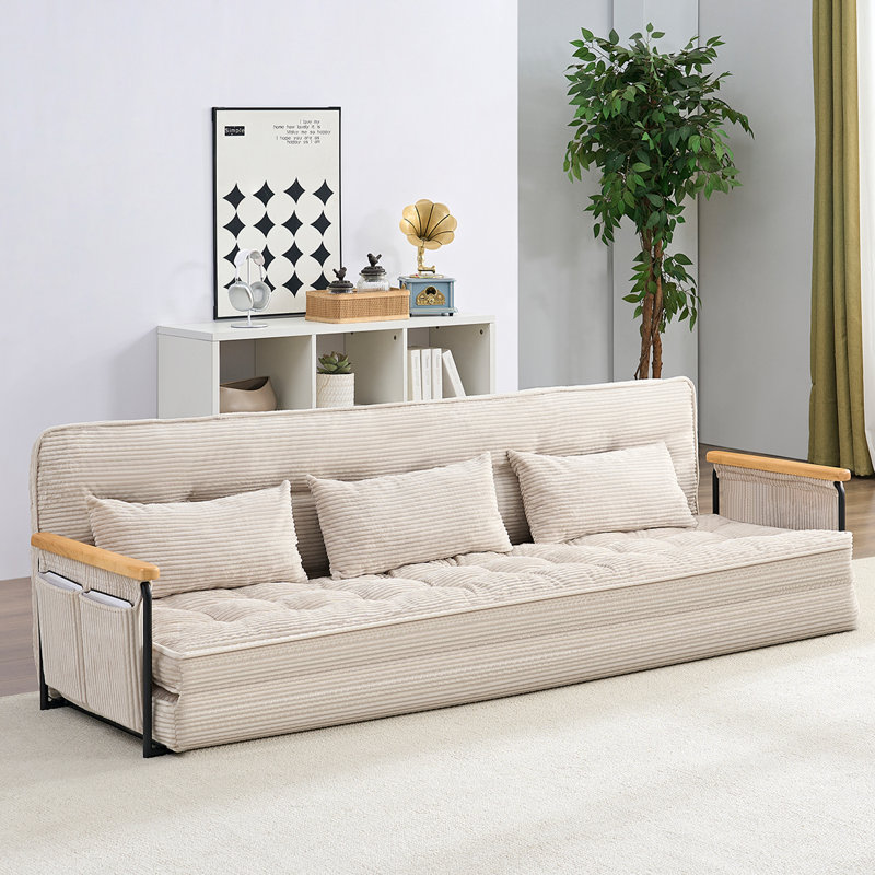 3-in-1 Convertible Sofa Bed & Recliner - Now with Sturdy Wooden Arms! 6-Position Adjustable Backrest (90°-180°), 86.6" Wide Tufted Fabric Sectional with Side Pockets, Multi-functional Chaise Lounge