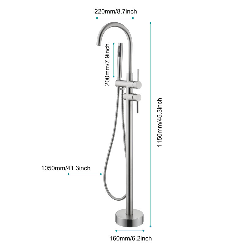 Brushed Nickel Tub Filler With Handheld Shower, 360 Degree Swivel Spout, Floor Mounted, And Appealing Fixture In Mounted Sanitary Faucet