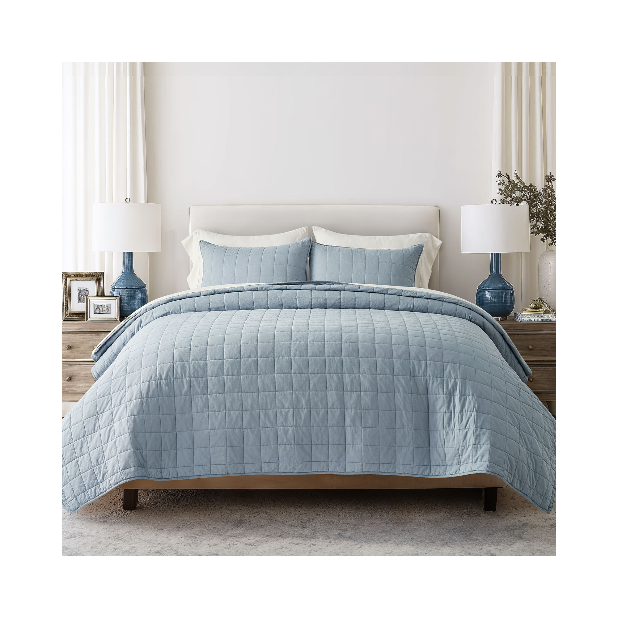 100% Cotton Box Stitch Quilt Set, Blue Linen, King Quilt + 2 King Shams