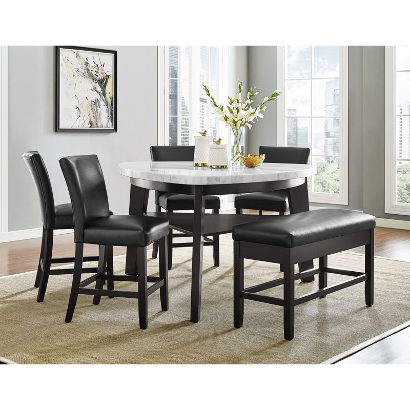 Carrara 6-Piece Marble Counter Dining Set(Table, Storage Bench & 4 Counter Chairs)