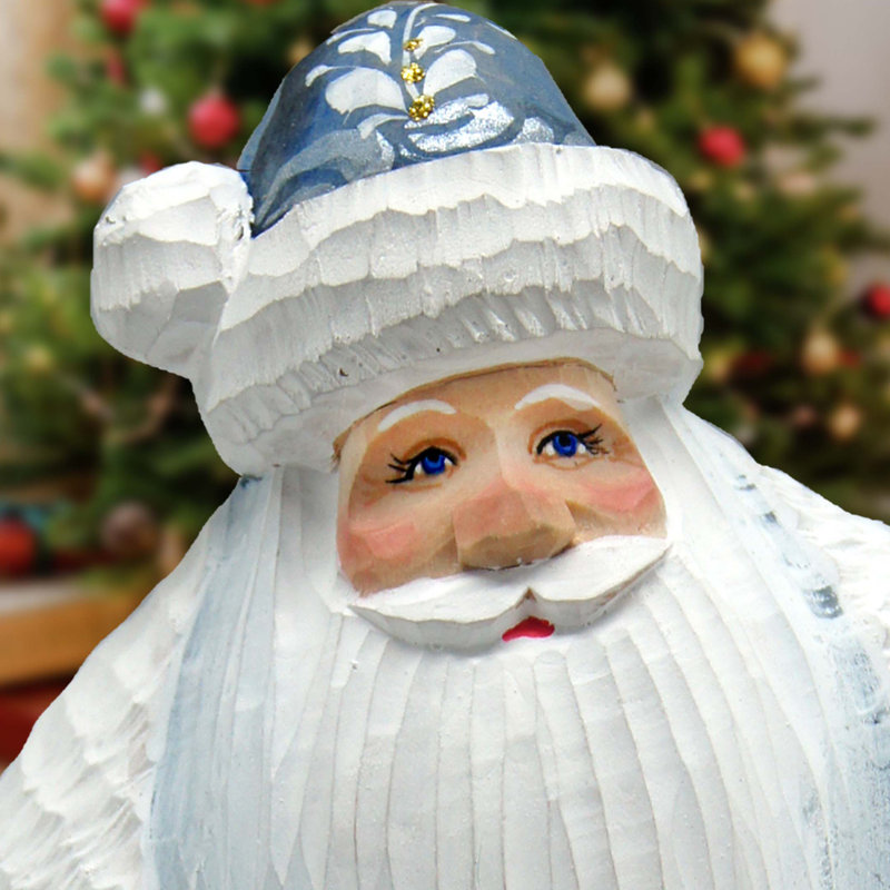 Winter Wolves Santa In Blue Hand-Painted Wood Carved Masterpiece By G. Debrekht