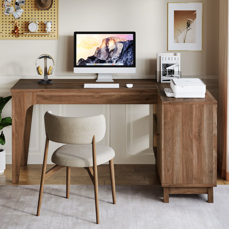 L-Shaped Desk with Storage Cabinet, Corner Computer Desk for Home Office, Walnut