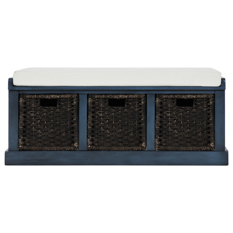 Banc de rangement rustique avec 3 paniers en rotin classiques amovibles, banc d'entrée avec coussin amovible, Marine antique
