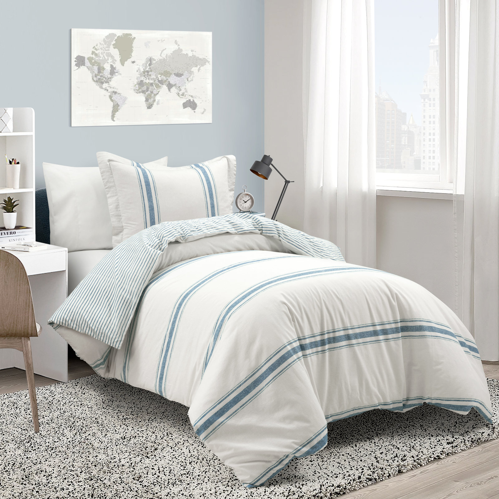 Standard Cotton 460 TC Reversible 3 Piece Duvet Cover Set, Blue, Twin XL Duvet Cover + 2 Standard Shams