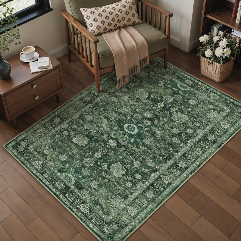 Tapis oriental vert Patty avec envers antidérapant, Green, 0.35", Rectangulaire 3 pi x 5 pi