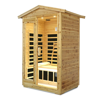 Two-Person Far-Infrared Outdoor Sauna Room in Natural Old Fir Wood with Glass Door