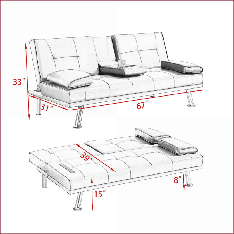Sofas, 67-Inch Multifunctional Folding Sofa Bed with Coffee Table for Small Spaces | Crimson Red | PVC